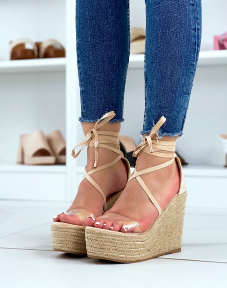 Beige wedges with lace and transparent strap