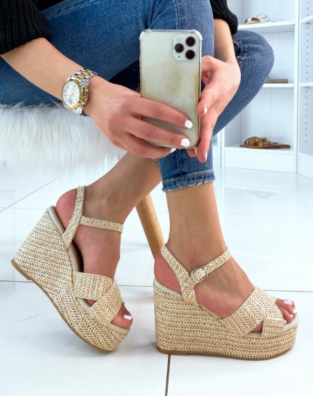 Beige wedges with straps and jute canvas sole