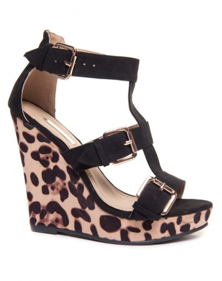 Bellucci black / camel sandals with leopard print wedges