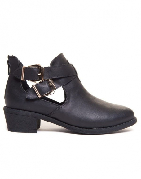 Bellucci black open ankle boots with golden buckles