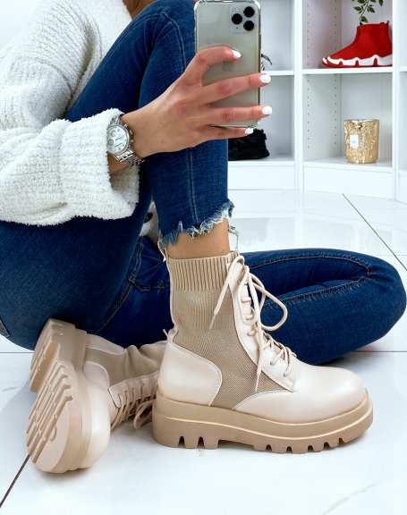 Bi-material beige ankle boots with laces