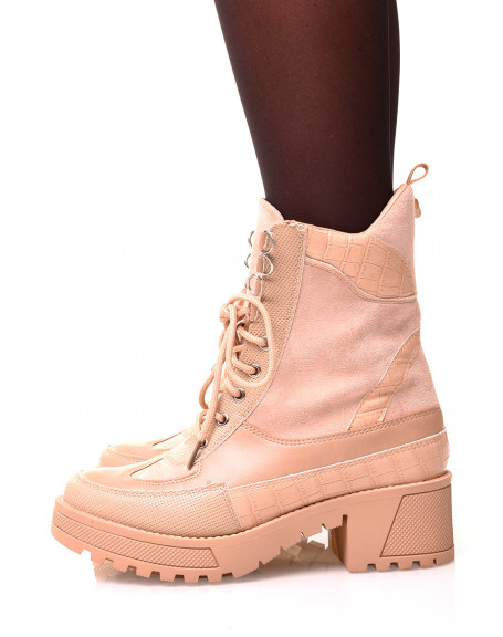 Bi-material beige high ankle boots