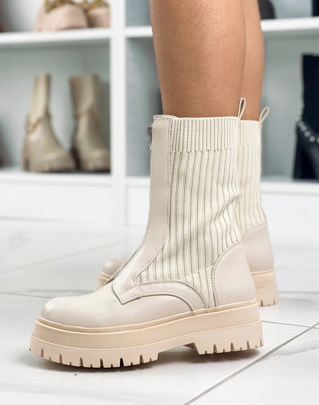 Bi-material beige high-top boots with silver zip