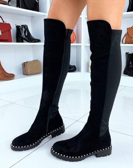 Bi-material black thigh-high boots with pearls