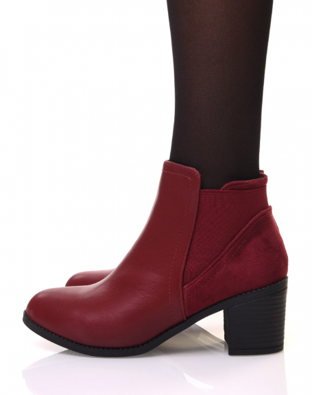 Bi-material burgundy ankle boots with heels