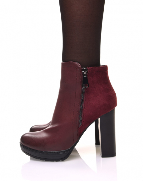 Bi-material burgundy heeled ankle boots