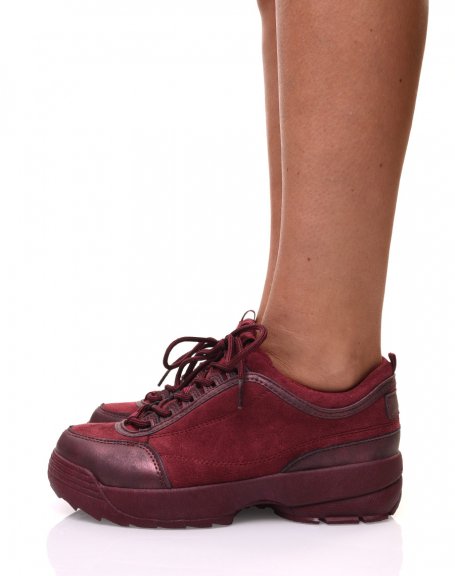 Bi-material burgundy trainers with thick sole