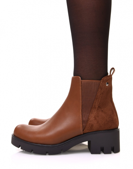 Bi-material camel ankle boots with high cut elastic