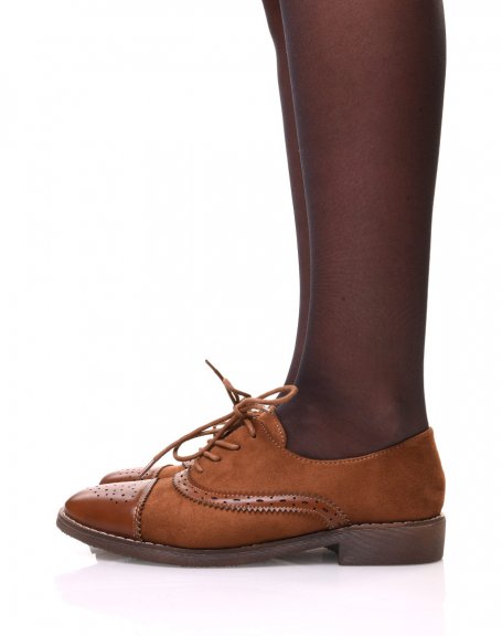 Bi-material camel derby shoes with stitching details