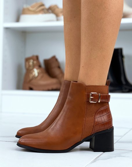 Bi-material camel heel ankle boots with golden strap