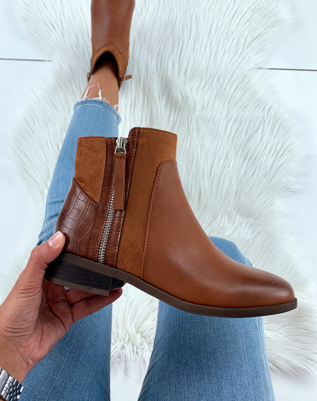 Bi-material camel low boots with silver closures