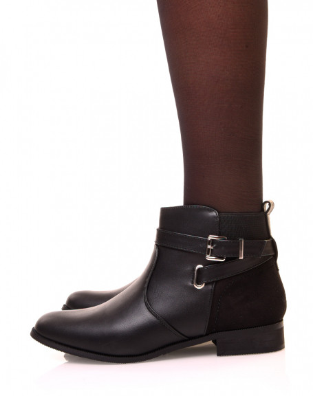Bi-material low black ankle boots