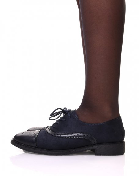 Bi-material navy blue derby shoes with stitching details
