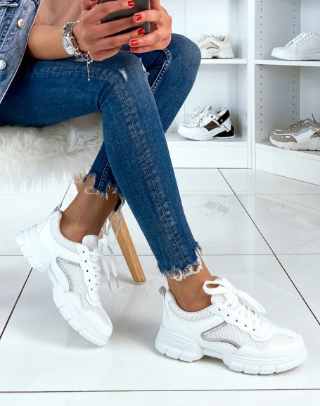Bi-material white sneakers with silver inserts