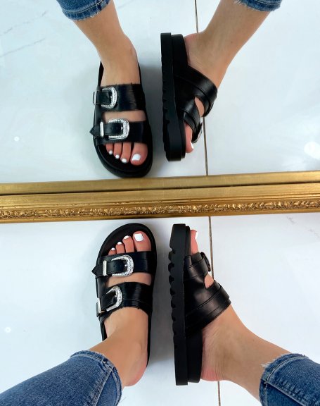 Black adjustable thick straps flat sandals
