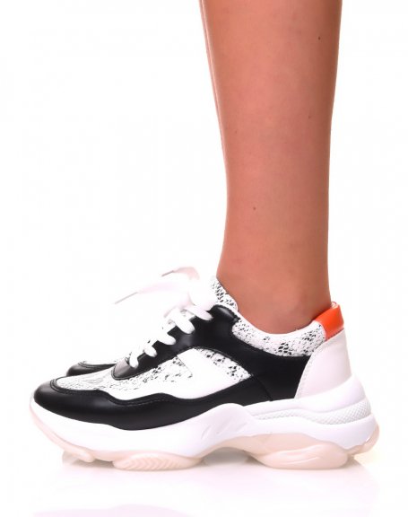 Black and white sneakers with python effect and orange heel