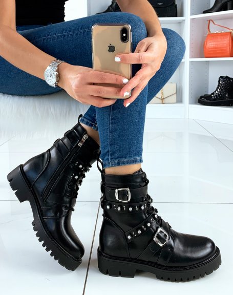 Black ankle boots strapped and studded with rhinestones