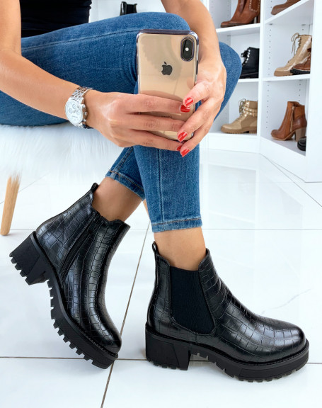 Black ankle boots with croc-effect mid-high heel
