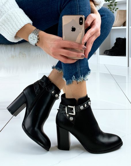 Black ankle boots with heel and thin crocodile strap