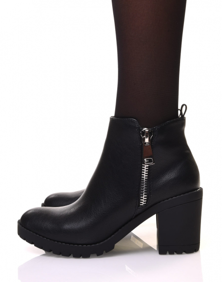 Black ankle boots with heels and lug sole