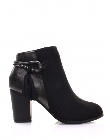 Black ankle boots with iridescent mid-heel straps