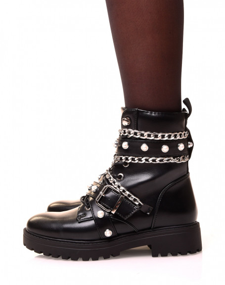 Black ankle boots with multiple beaded straps and chains