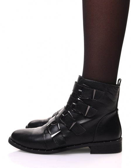Black ankle boots with multiple straps and small studs