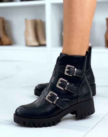 Black ankle boots with multiple straps in croc effect