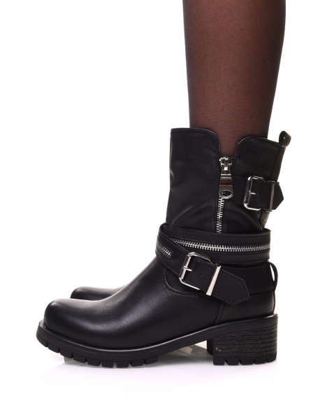 Black ankle boots with multiple straps & zipped details