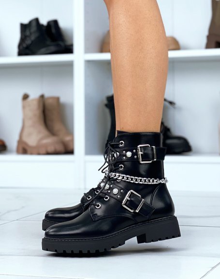 Black ankle boots with pearls, studs and silver chain