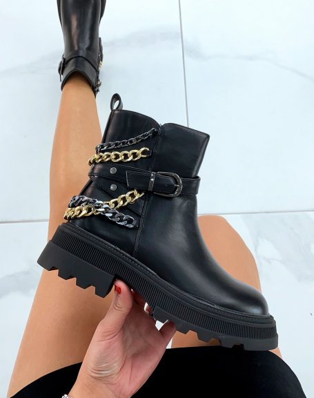 Black ankle boots with strap and gold and black chains