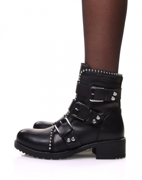 Black ankle boots with straps and studded details