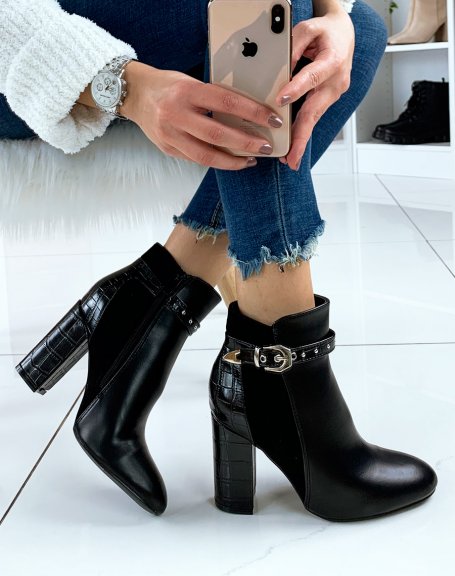 Black ankle boots with triple material heel