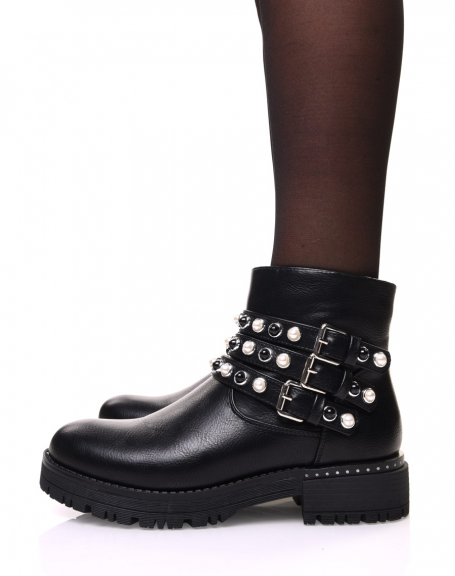 Black ankle boots with white & black beaded straps