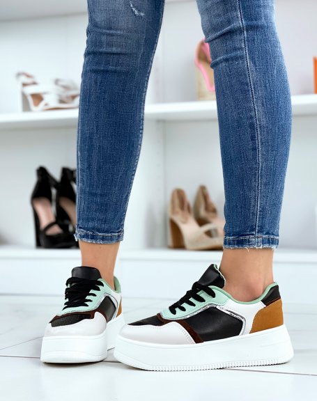 Black, beige, water green and camel sneakers