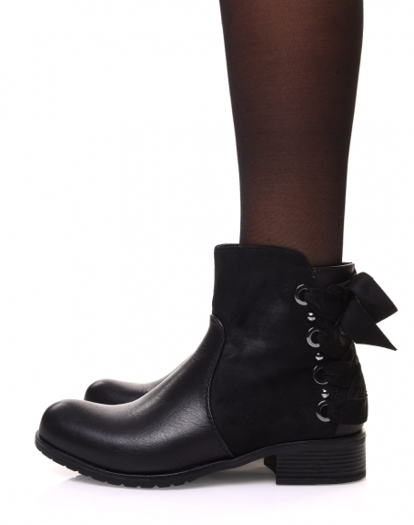 Black bi-material ankle boots with bow