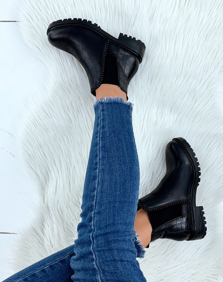 Black bi-material ankle boots with elastic