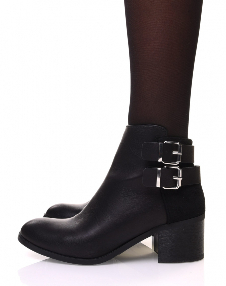 Black bi-material ankle boots with heel