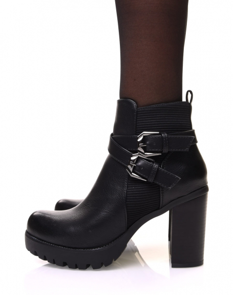 Black bi-material ankle boots with heel and interwoven straps