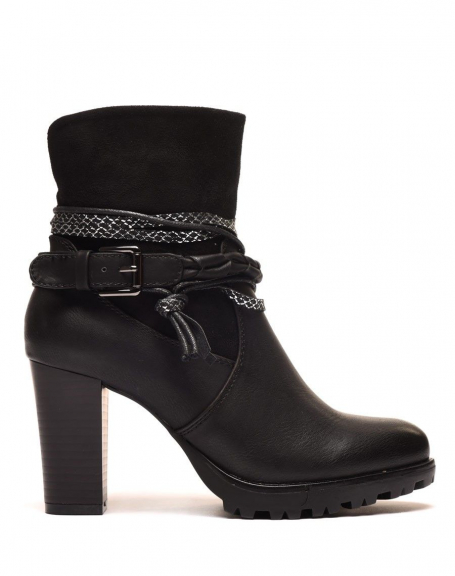 Black bi-material ankle boots with heels and multiple straps