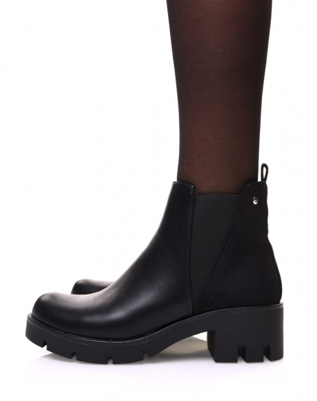 Black bi-material ankle boots with high cut elastic