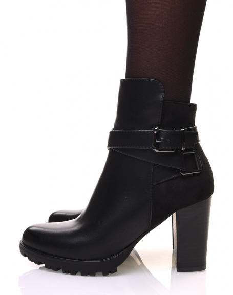 Black bi-material ankle boots with high heel