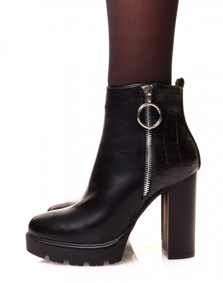 Black bi-material ankle boots with high heels