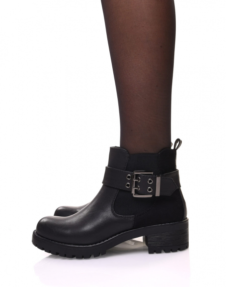 Black bi-material ankle boots with notched sole