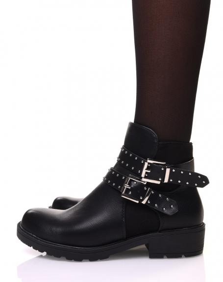 Black bi-material ankle boots with studded strap