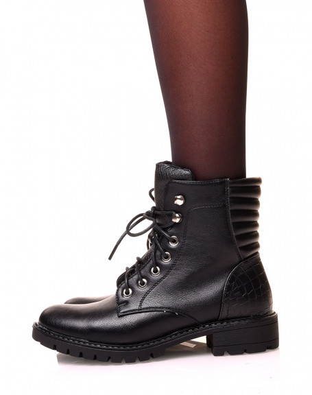 Black bi-material boots with crocodile effect with laces