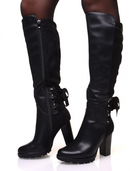 Black bi-material boots with heels and suede laces