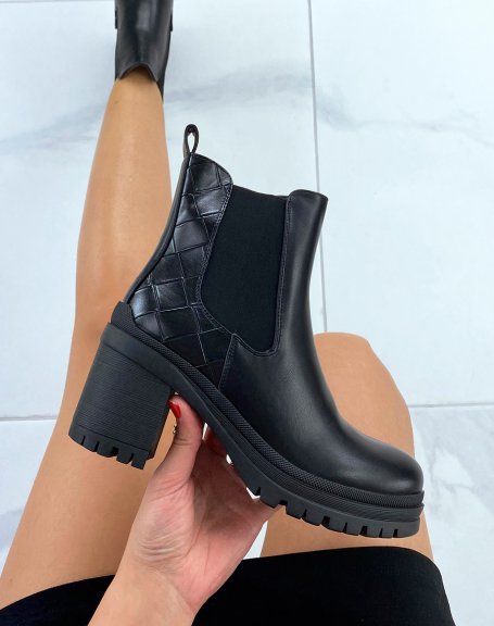 Black bi-material checkered chelsea boots with heel