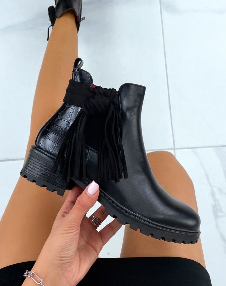 Black bi-material chelsea boots with fringe