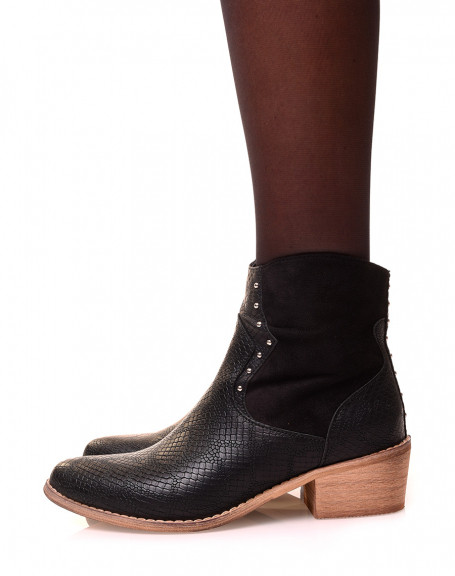 Black bi-material cowboy boots with python-effect studs